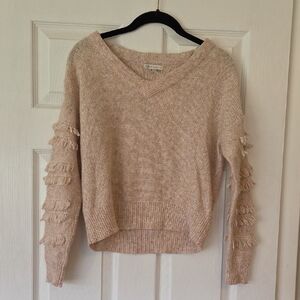 Cato Beige V-Neck Sweater with Fringe